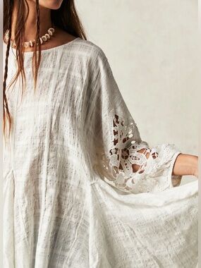 Free People White Shores Tunic Boho Oversized Linen Feel Crochet Top - Medium